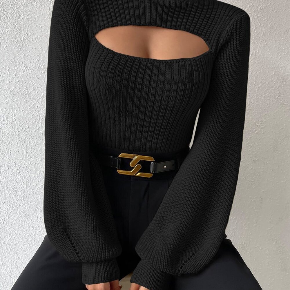 Black Casual Women's Long Sleeve Turtleneck Sweater with Cut Out Eyelet